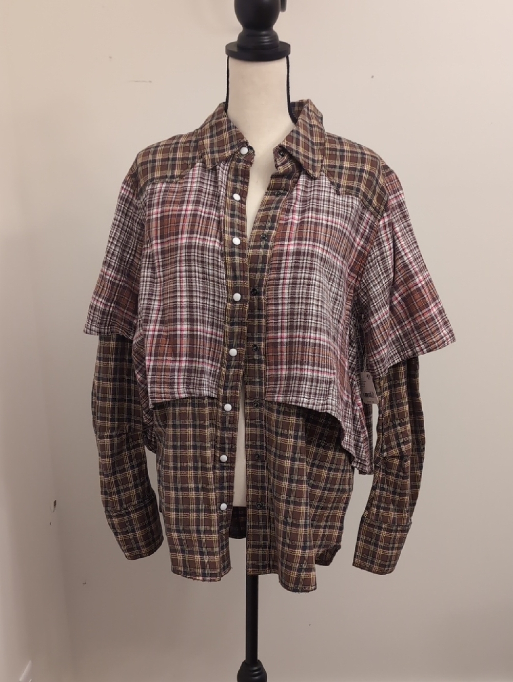 We The Free Plaid Button-Up Shirt in Brown, Navy and Cream